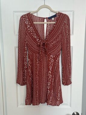 Blue Rain Rust Red Floral Tie-Front Long Sleeve Dress